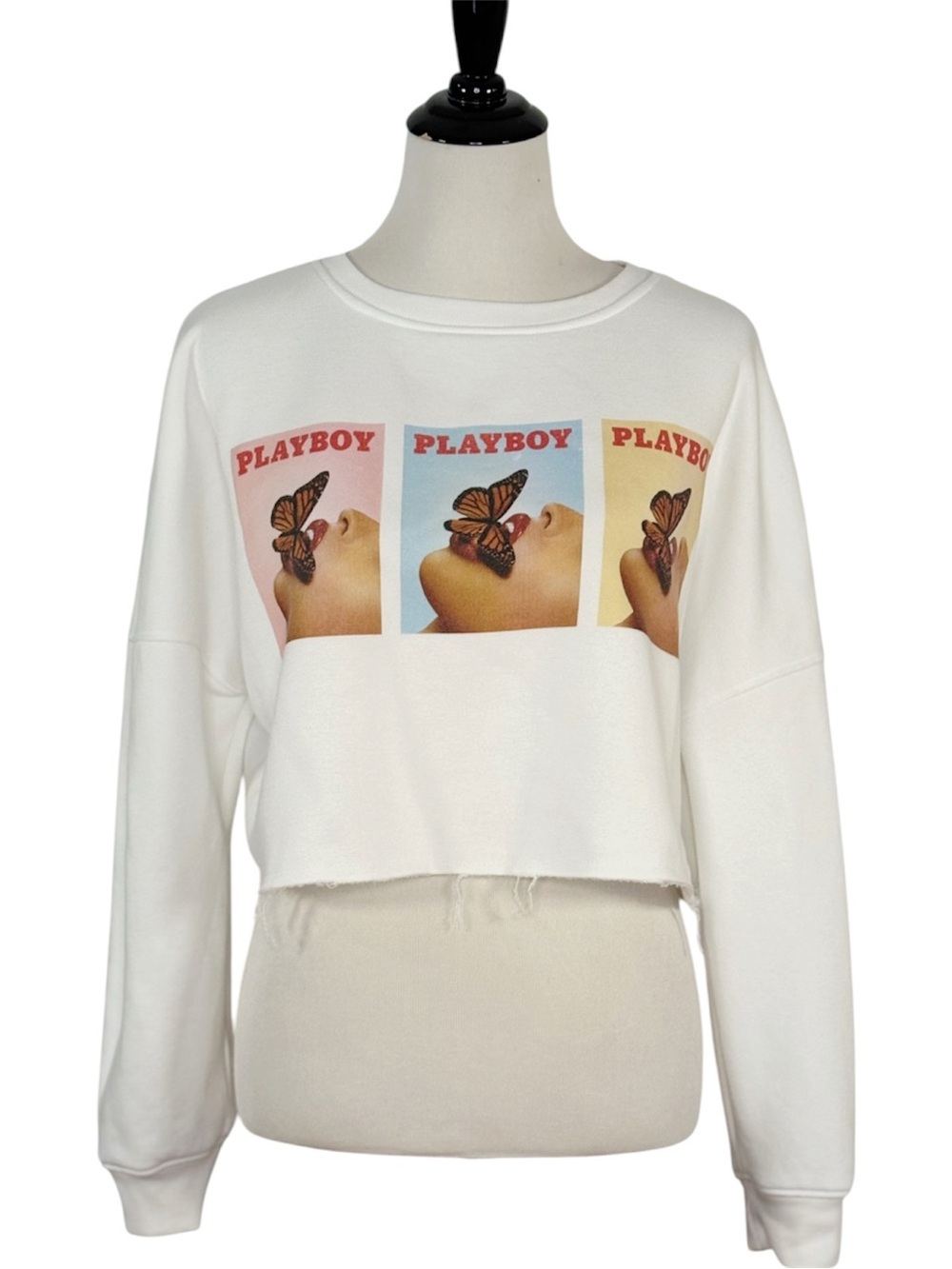 Missguided Playboy Graphic Cropped Sweatshirt Size 12 White Raw Hem